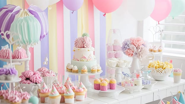 Birthday tablescape or candy bar with sweets, Birthday cake and cupcakes, beautiful party and celebration