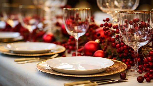 Christmas table decor, holiday tablescape and dinner table setting, formal event decoration for New Year, family celebration, English country and home styling inspiration