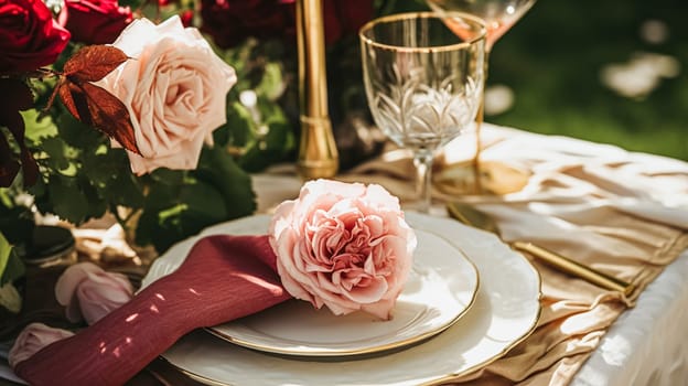 Wedding and event celebration tablescape with flowers, formal dinner table setting with roses and wine, elegant floral table decor for dinner party and holiday decoration, home styling idea