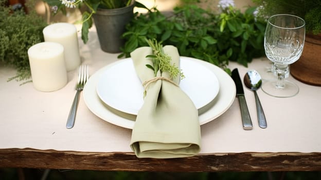 Table decor, holiday tablescape and dinner table setting in countryside garden, formal event decoration for wedding, family celebration, English country and home styling inspiration