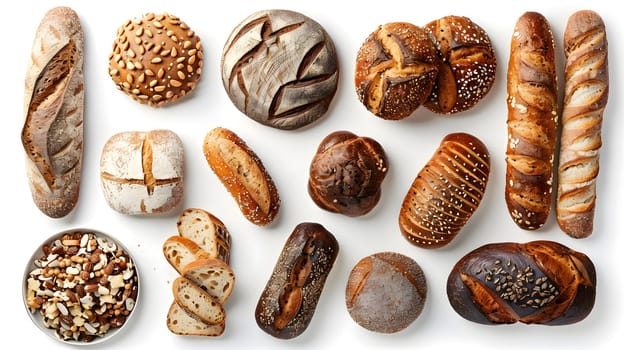 An array of assorted bread varieties showcasing the diversity of baked goods. Each type represents a unique recipe from different cuisines using various plant ingredients