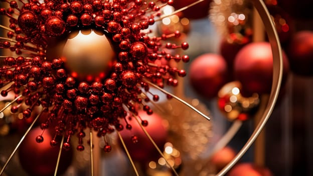 Christmas decoration details on English styled luxury high street city store door or shopping window display, holiday sale and shop decor inspiration