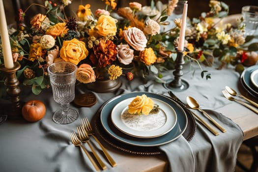 Autumn table scape, autumnal dinner table setting, holiday tablescape for wedding, birthday or party event celebration, post-processed, generative ai
