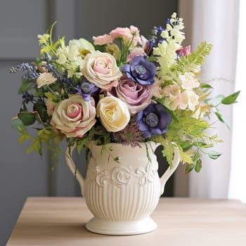 Beautiful bouquet of fresh flowers in a vintage vase, country style home decor and interior design, post-processed, generative ai