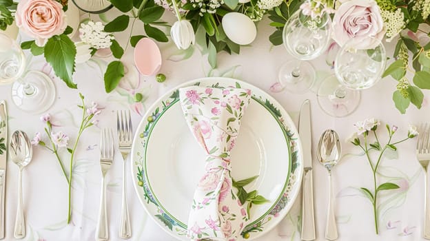 Easter tablescape decoration, floral holiday table decor for family celebration, spring flowers, Easter eggs, Easter bunny and vintage dinnerware, English country and home styling