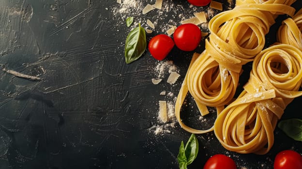 Pasta recipe preparation flatlay background with ingredients, spaghetti, olive oil, garlic, tomatoes and spices in the kitchen, homemade food recipe idea