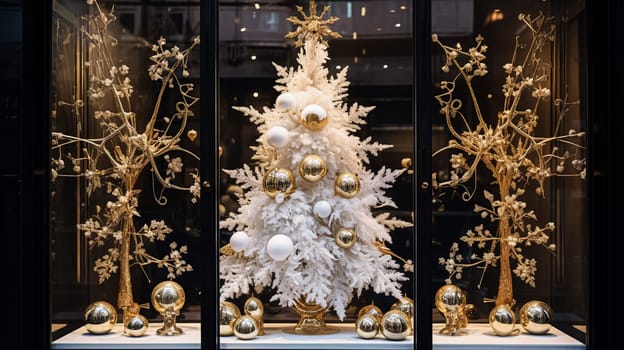 Christmas decoration details on English styled luxury high street city store door or shopping window display, holiday sale and shop decor inspiration