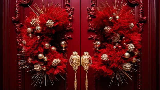 Christmas decoration details on English styled luxury high street city store door or shopping window display, holiday sale and shop decor inspiration