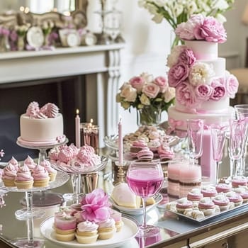 Birthday tablescape or candy bar with sweets, Birthday cake and cupcakes, beautiful party and celebration