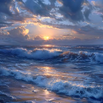 As the sun sets over the ocean, cumulus clouds float in the sky, casting a warm afterglow on the natural landscape. Waves crash on the beach, creating a serene atmosphere at dusk