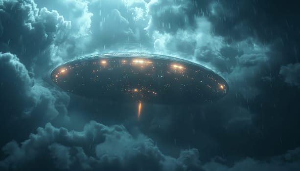 A large spaceship is flying through a cloudy sky by AI generated image.