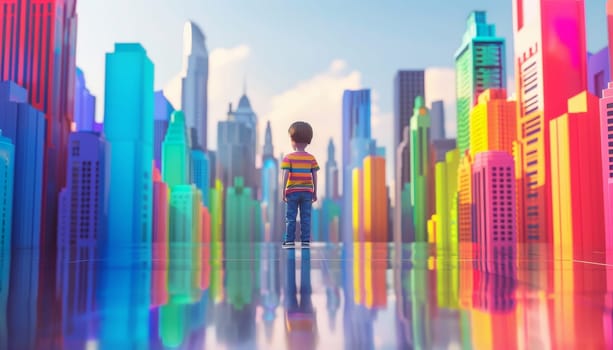 A boy stands on a city street looking up at the sky by AI generated image.