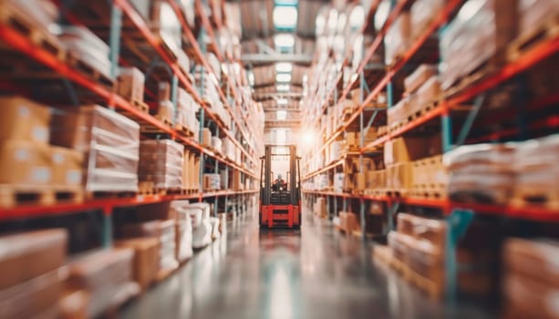 A forklift is driving through a warehouse filled with boxes by AI generated image.