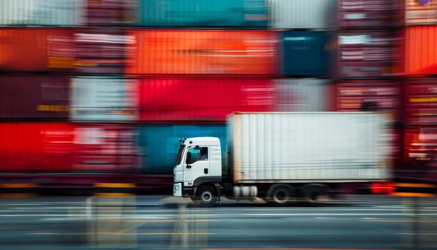 A white truck is driving down a road next to a row of red containers by AI generated image.