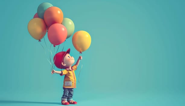 A young boy is holding a bunch of balloons and flying them in the sky by AI generated image.