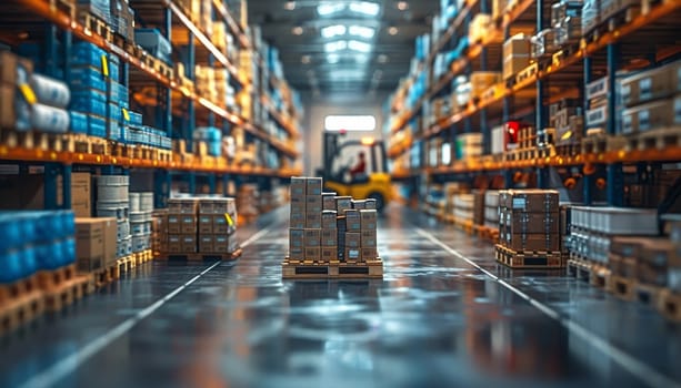 A forklift is driving through a warehouse filled with boxes by AI generated image.