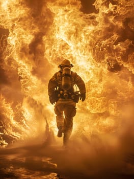 A firefighter is bravely battling through a cloud of smoke and flames in a large fire, surrounded by heat and pollution in the sky
