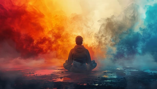 A man sits in the middle of a colorful, smokey background by AI generated image.