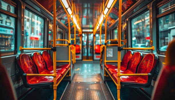 A bus with yellow poles and red seats by AI generated image.