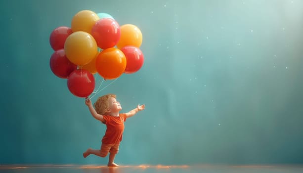 A young girl is holding a bunch of balloons and flying them in the sky by AI generated image.