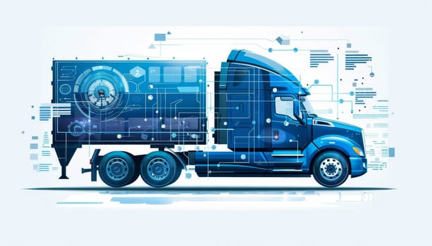 A blue semi truck with a futuristic design by AI generated image.