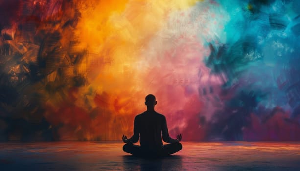 A man sits in the middle of a colorful, smokey background by AI generated image.