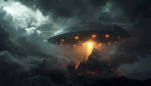 A large spaceship is flying through a cloudy sky by AI generated image.