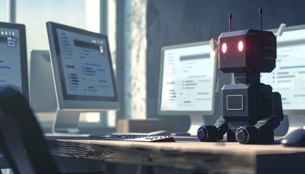 A robot is sitting on a desk in front of a computer monitor by AI generated image.