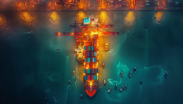 A large ship is docked at a port with many other smaller boats in the water by AI generated image.