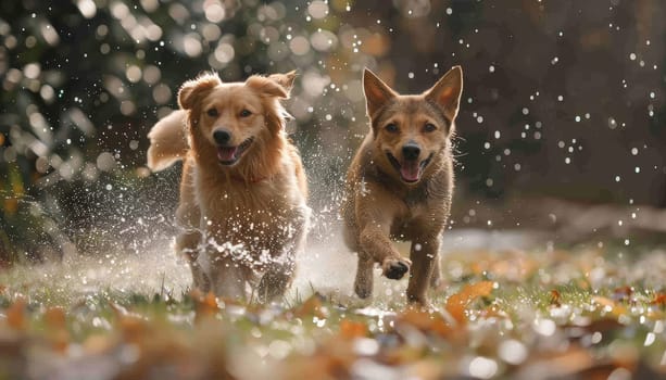 Two dogs playing in the grass with water splashing around them by AI generated image.