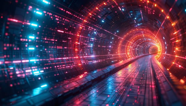 A tunnel with blue and orange lights by AI generated image.