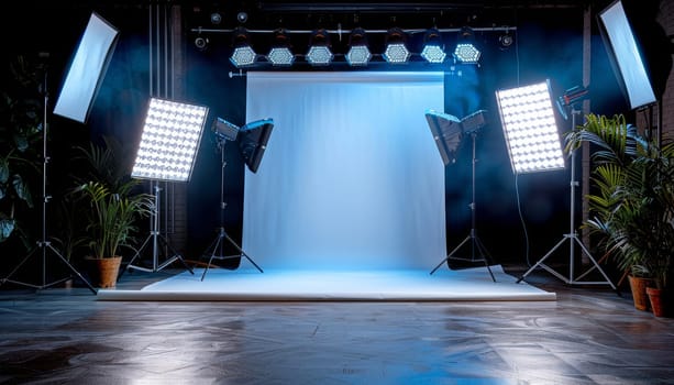 A studio with a white background and three lights on it by AI generated image.