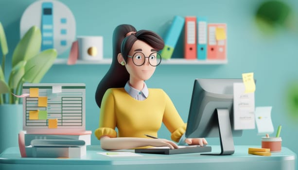 A woman is sitting at a desk with a computer and a stack of books by AI generated image.