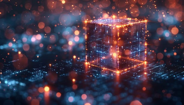 A cube with glowing lights on it is surrounded by a blurry background by AI generated image.