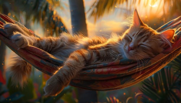 A cat is sleeping on a hammock by AI generated image.