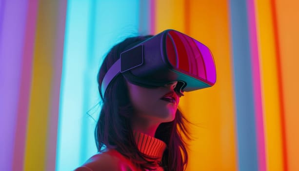 A woman wearing a virtual reality headset stands in front of a colorful wall by AI generated image.