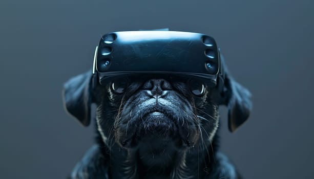 A black dog wearing a virtual reality headset by AI generated image.