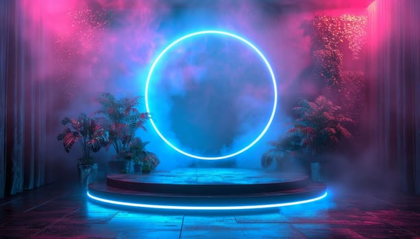 A blue neon lighted circular stage with a blue background by AI generated image.