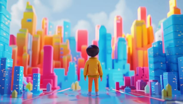 A boy stands on a city street looking up at the sky by AI generated image.