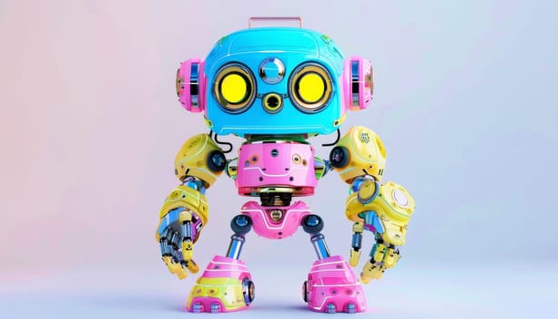 A robot with pink, yellow, and blue parts stands on a white background by AI generated image.