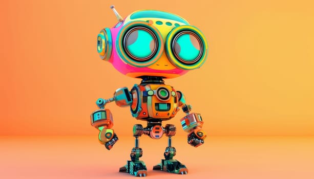A robot with pink, yellow, and blue parts stands on a white background by AI generated image.