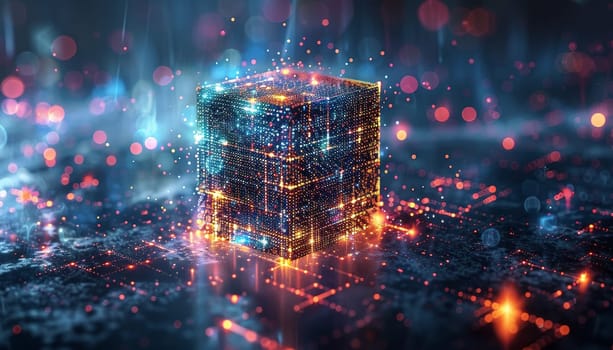 A cube with glowing lights on it is surrounded by a blurry background by AI generated image.