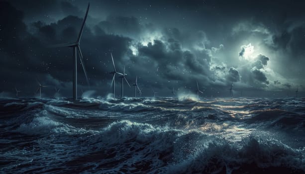 A stormy ocean with a large wind farm in the distance by AI generated image.