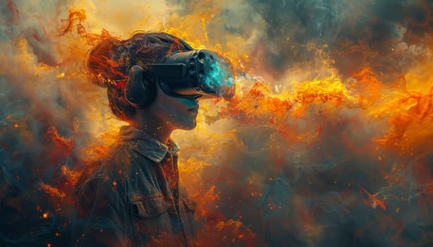 A woman wearing a virtual reality headset is the main focus of the image by AI generated image.