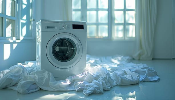 A white washing machine with a pile of white clothes on top of it by AI generated image.