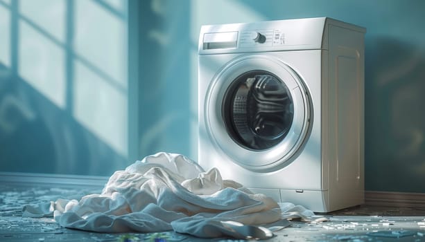 A white washing machine with a pile of white clothes on the floor next to it by AI generated image.