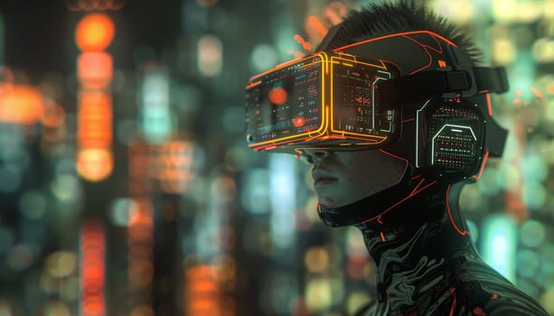 A woman wearing a virtual reality headset is looking at a cityscape by AI generated image.