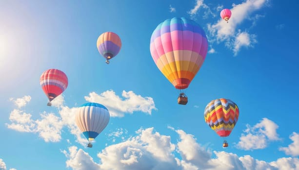 A group of colorful hot air balloons are flying in the sky by AI generated image.