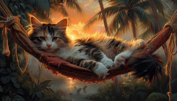 A cat is sleeping on a hammock by AI generated image.