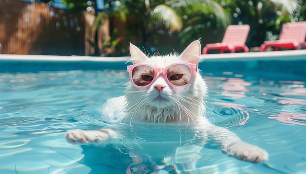 A cat wearing sunglasses is swimming in a pool by AI generated image.